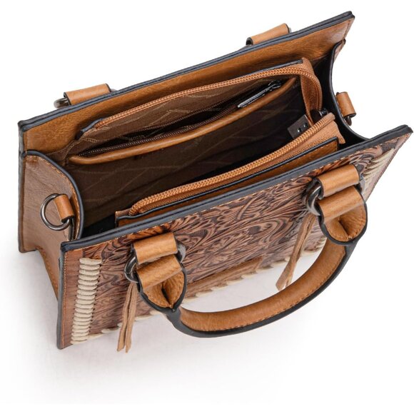 Wrangler Angel Light Brown Embossed Crossbody Purse with Fringe and Floral Carvi - Picture 4 of 6